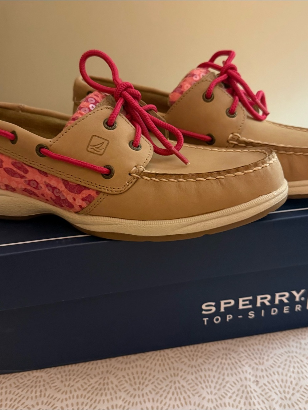 Sperry Tan Leather Boat Shoes with Pink Accents